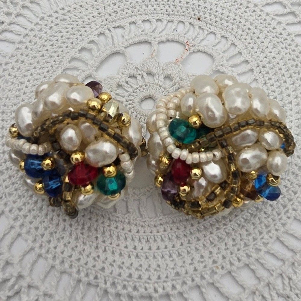 Vintage Beadwork Earrings Faux Pearl Multi Color Crystal Cluster Clip On 1 Inch